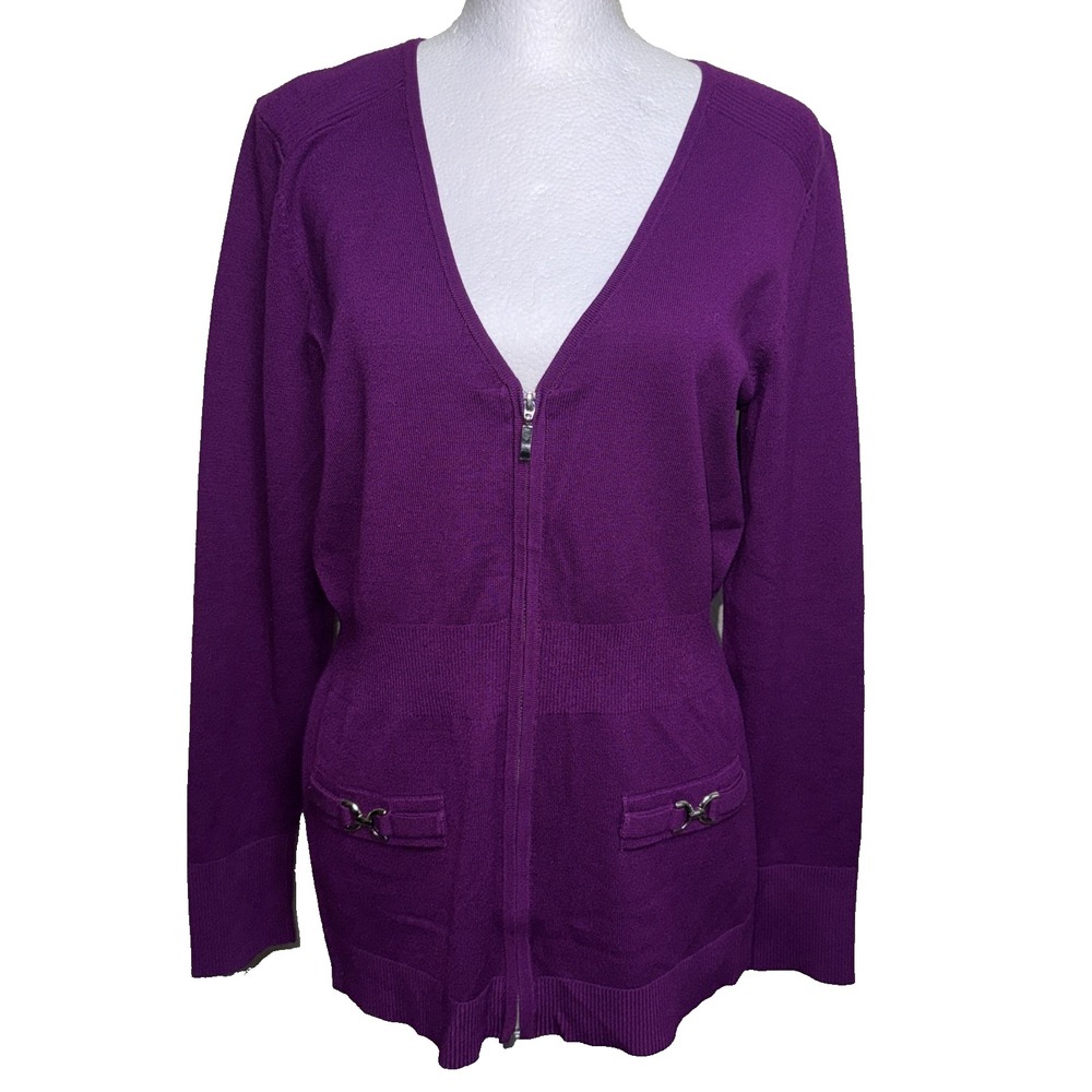 WHBM Cardigan Sweater Womens M Purple Zip Up Horsebit V-Neck Ribbed Rayon Nylon